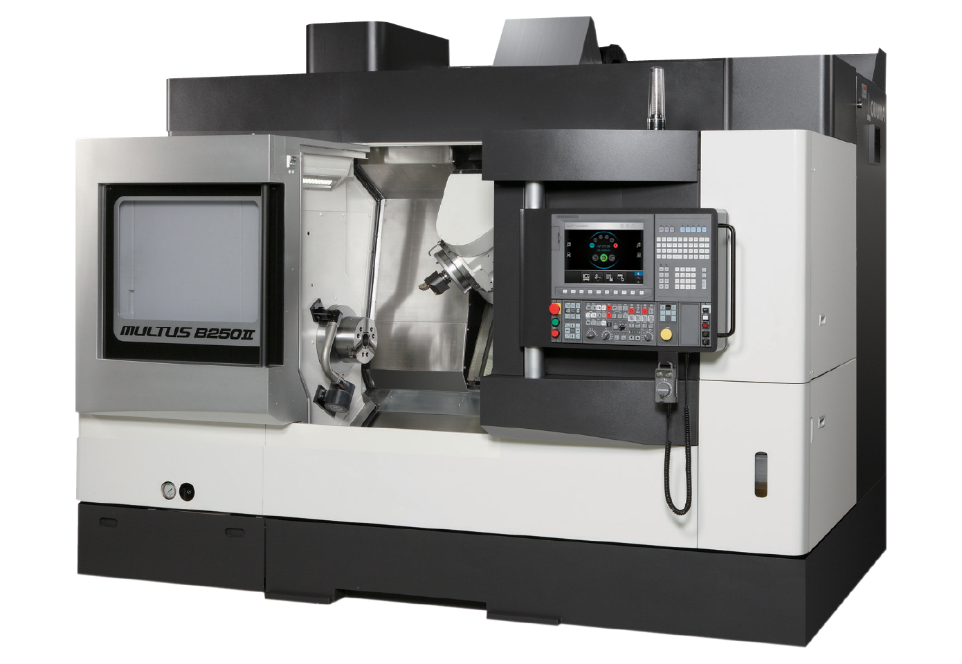 Some multitasking lathes come equipped with a lower turret for increased flexibility and shorter cycle times, as shown on the MULTUS B250II from Okuma. (Image courtesy of Okuma America)